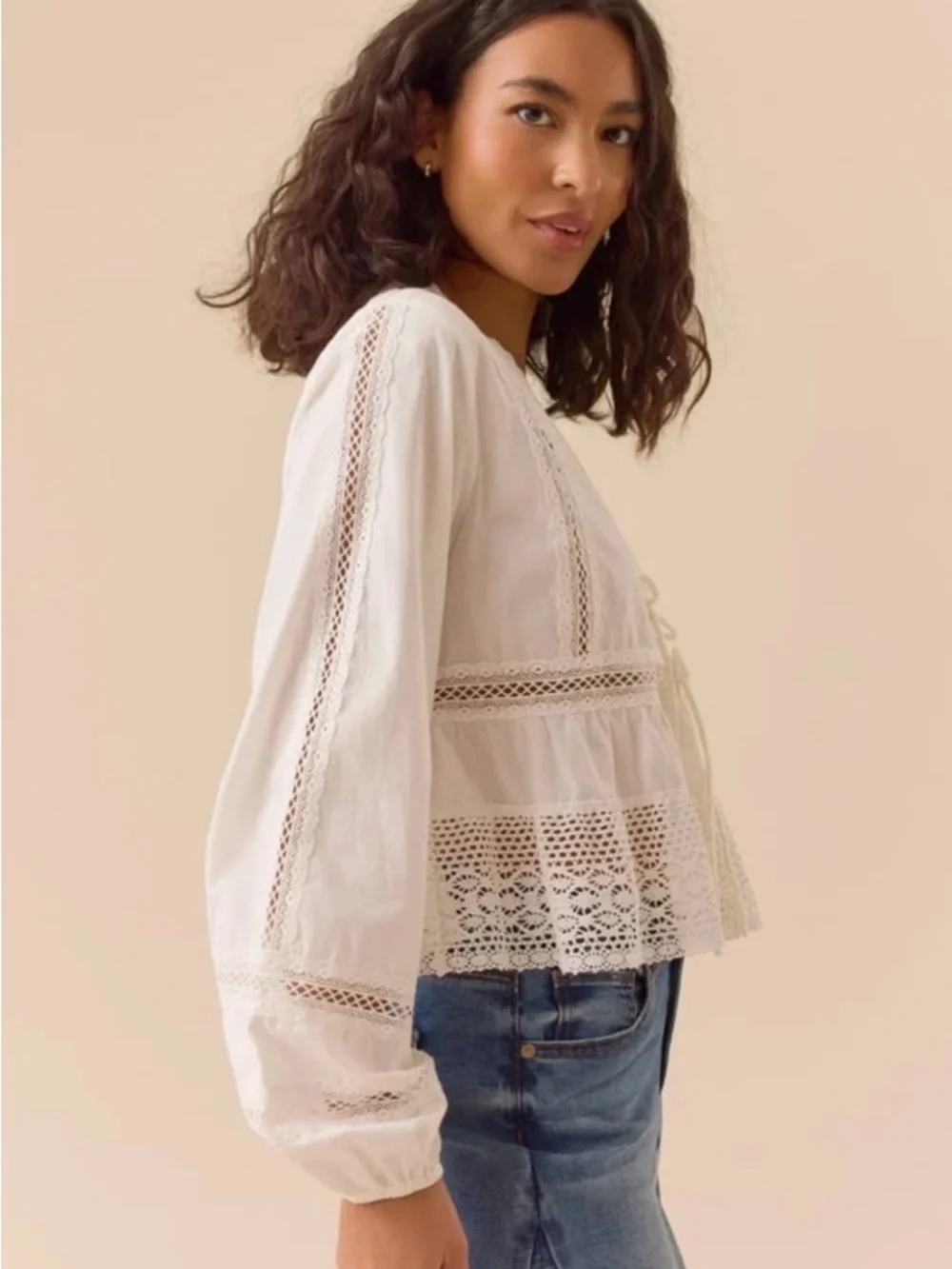 Altar'd State Ivory Lace Tie-Front Peasant Blouse - Picture 3 of 7